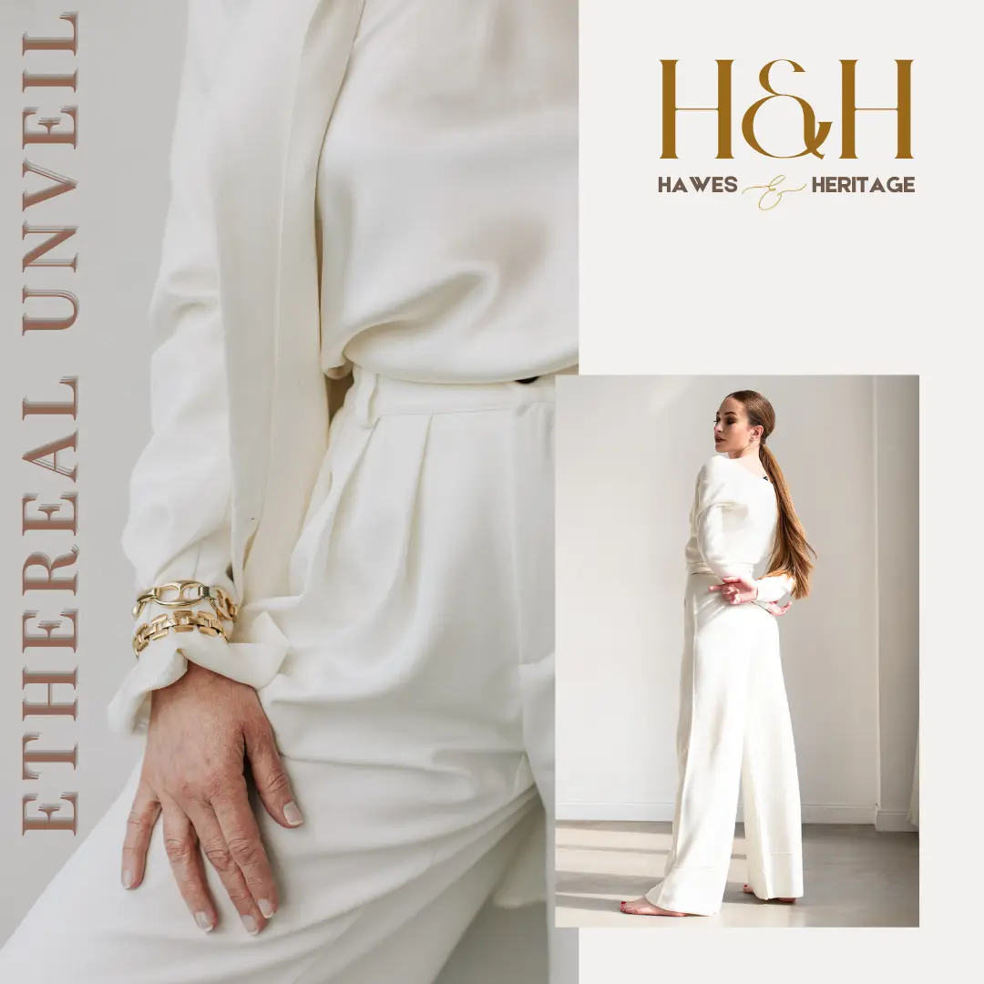 Tailored high-waisted trousers in ivory silk, paired with a soft cashmere blouse for effortless elegance.